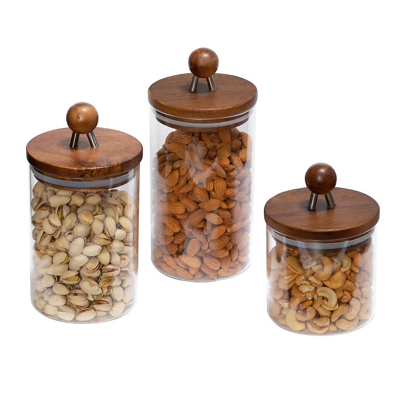 Honey Can Do Acacia Top Glass Kitchen Canister Set, 3ct.