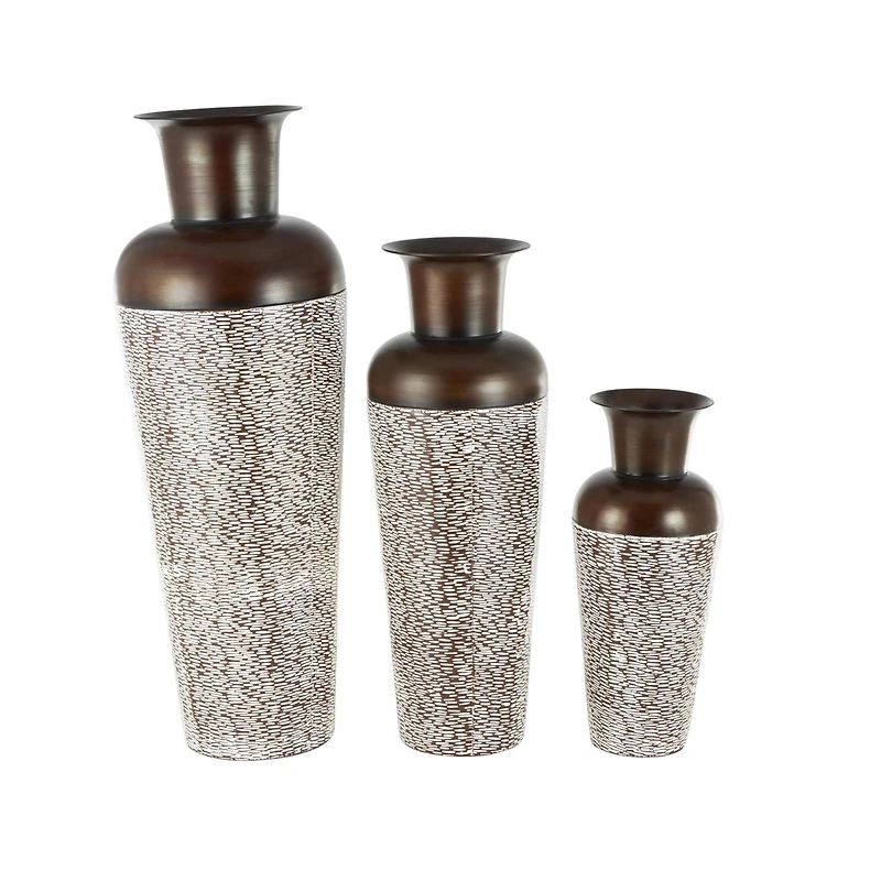 White & Brown Spotted Tapered Floor Metal Vase Set