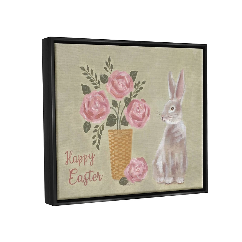 Stupell Industries Happy Easter Bunny Rose Bouquet Floater Framed Art