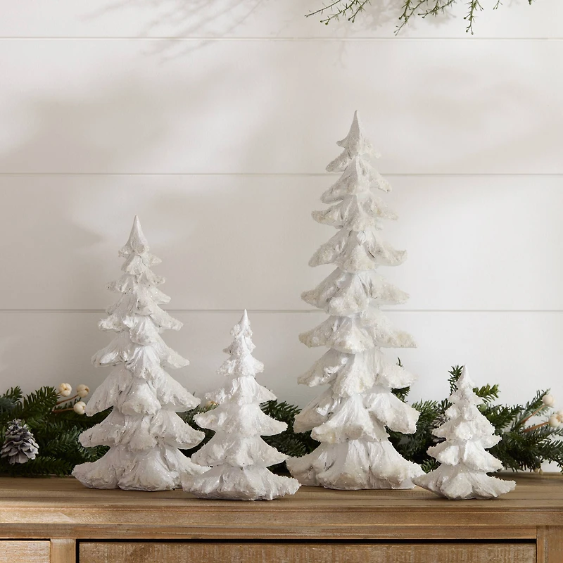Flocked White Pine Tree with Carved Design Set