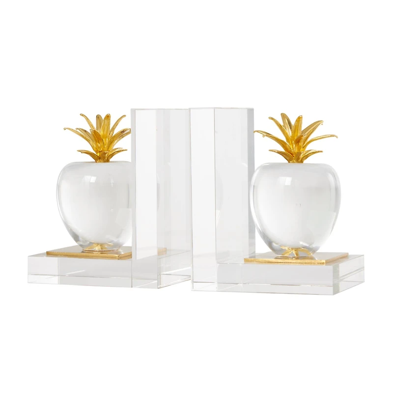 6" Clear Crystal Fruit Apple Bookends with Gold Leaves Set