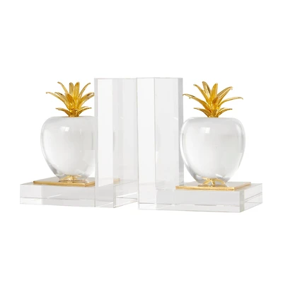 6" Clear Crystal Fruit Apple Bookends with Gold Leaves Set