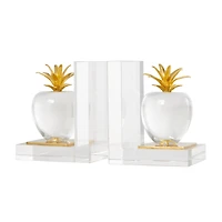 6" Clear Crystal Fruit Apple Bookends with Gold Leaves Set