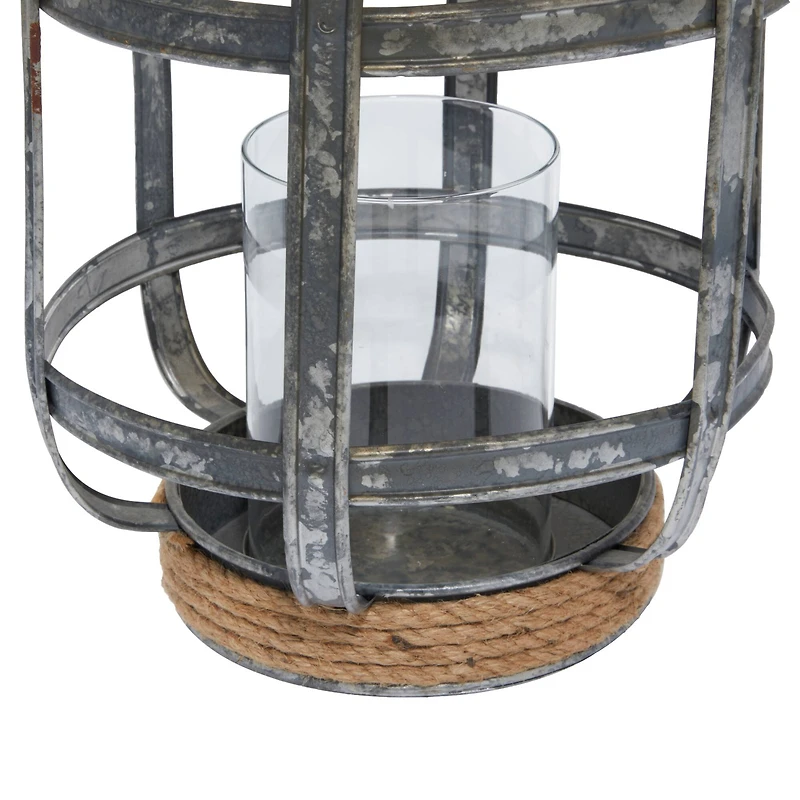 Grey Iron Industrial Candle Holder Lantern, 13" x 10" x 10"