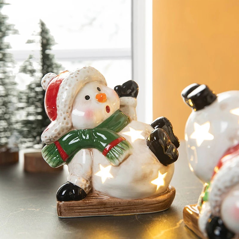 Glitzhome® Lighted Ceramic Snowman Table Décor Set