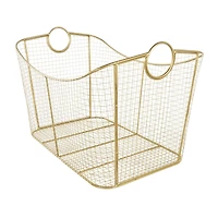 30.25" Gold Metal Geometric Wire Grid Basket with Curved Sides & Ring Handles