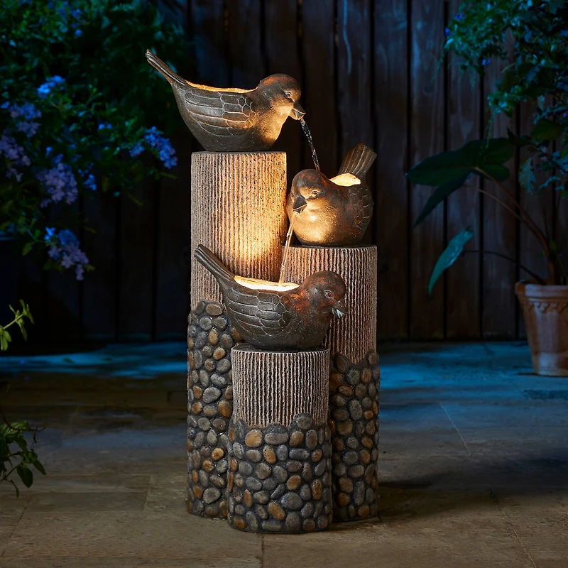 Glitzhome® 30.75" 3-Tier Natural Faux Pebbles Textured Bird Basin Outdoor Fountain with LED Light