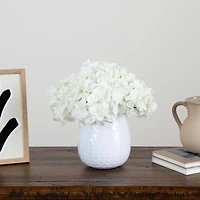 11" White Hydrangea Arrangement in White Metal Vase