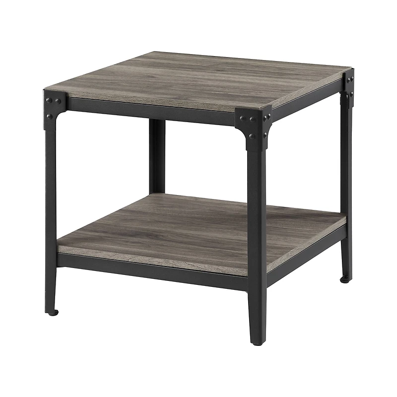 Walker Edison Slate Gray Angle Iron Rustic Wood Side Table Set