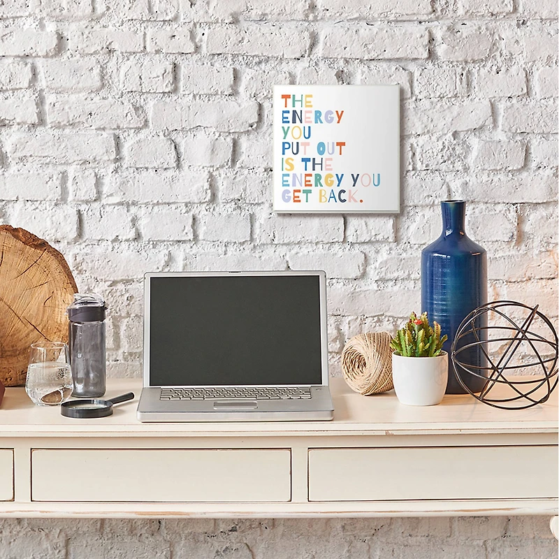 Stupell Industries Motivational Energy You Put Out Rainbow Text Wood Wall Plaque