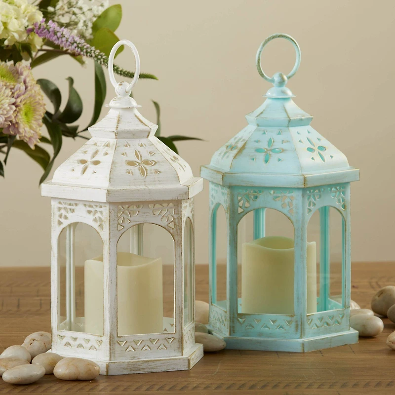 Kate Aspen White LED Hexagon Distressed Lantern Set