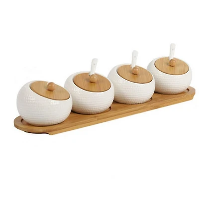 NEX™ White Ceramic Sugar Bowl Set with Bamboo Lids & Spoon