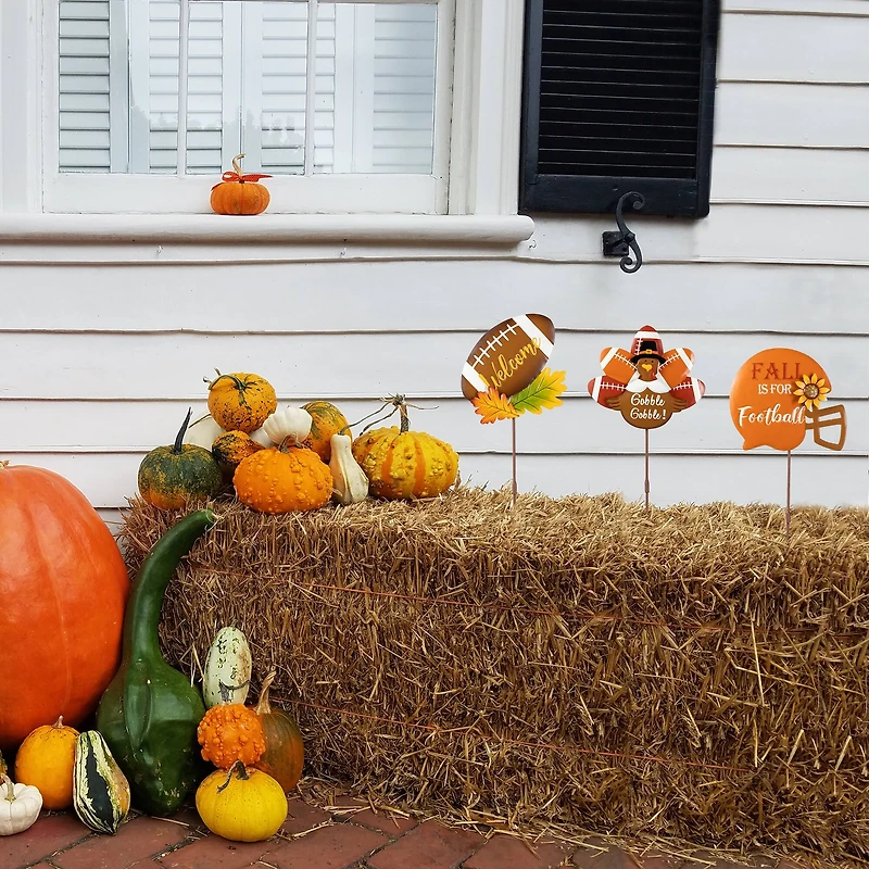 Glitzhome® 24" Thanksgiving Metal Football & Turkey Yard Stakes Set