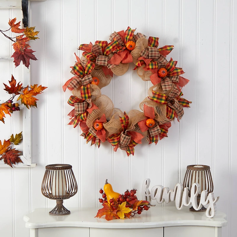 30" Pumpkin & Decorative Bows Fall Wreath