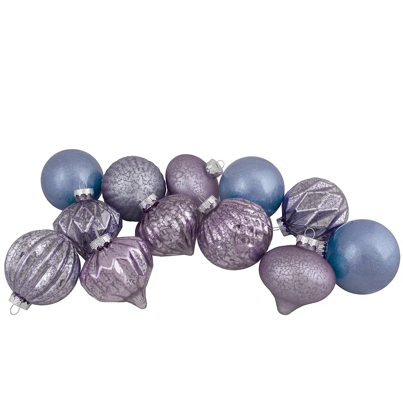 12ct. 3" Glitter & Matte Purple Tone Finial & Glass Ball Christmas Ornaments