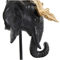 21" Black & Gold Polystone Elephant Head with Birds Statue