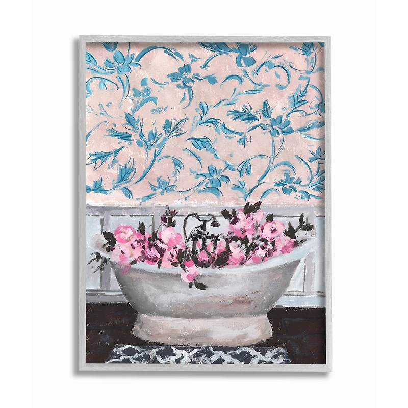 Stupell Industries Flowers In Bath Tub Pink Wall Art in Gray Frame