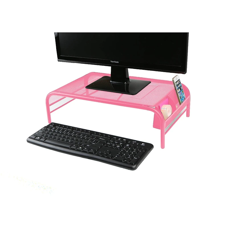 Mind Reader Pink Metal Mesh Monitor Stand with 2 Storage Compartments