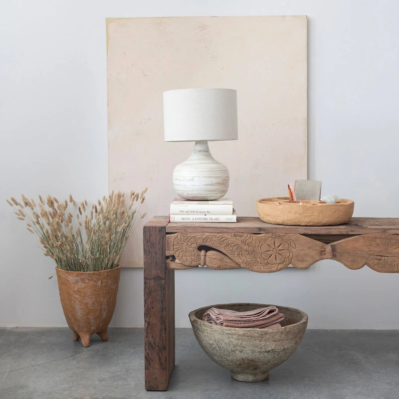 Hello Honey® 21.5" White Wash Finish Boho Bamboo Table Lamp with Linen Shade Set