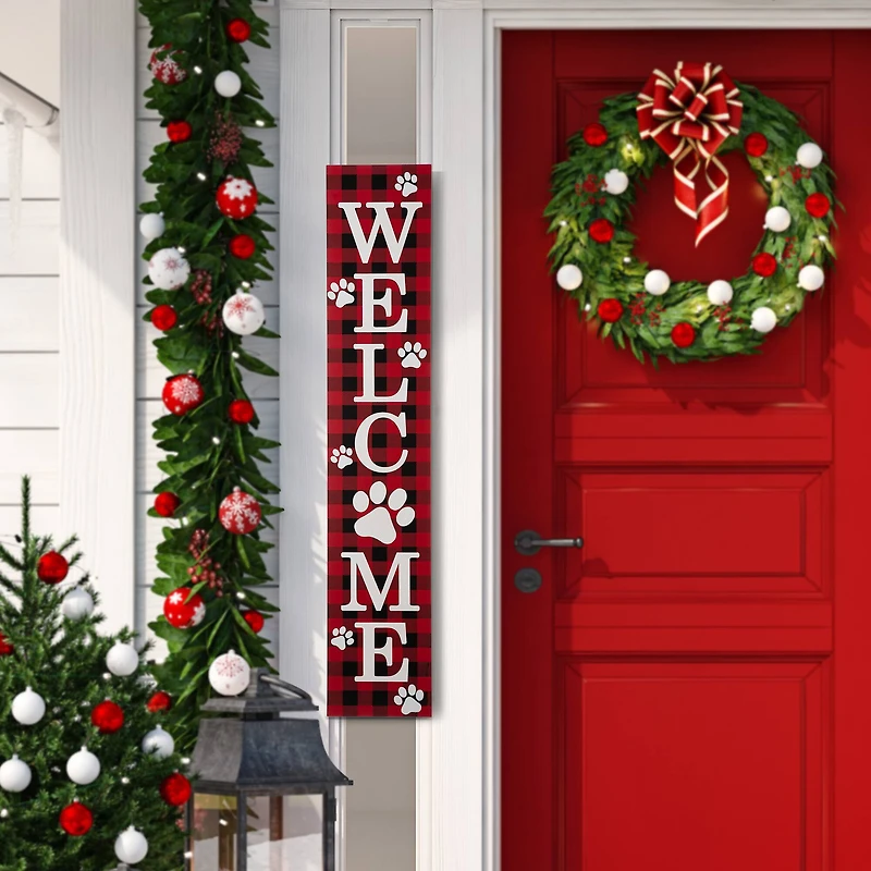 Glitzhome® 42" Plaid Pet "WELCOME" Wooden Porch Sign