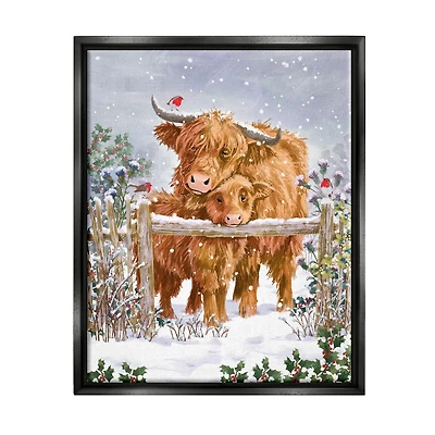 Stupell Industries Winter Cattle Cuddling Snow Scene Framed Floater Canvas Wall Art