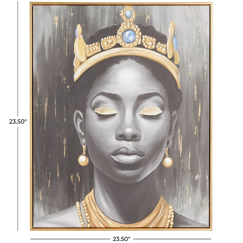 24" x 2" x 24" Black Canvas Woman Shaded Living Room Framed Wall Art with Blue Crown and Gold Foil Accents