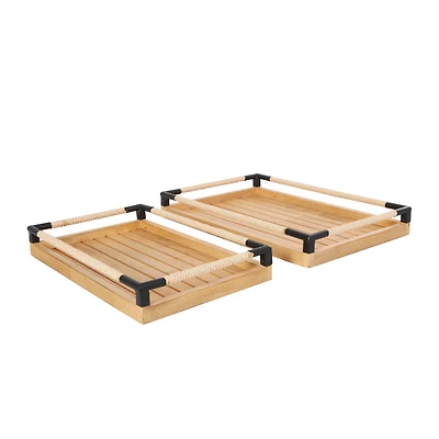 Brown Wood Slatted Tray with Elevated Woven Sides & Black Metal Corners Set