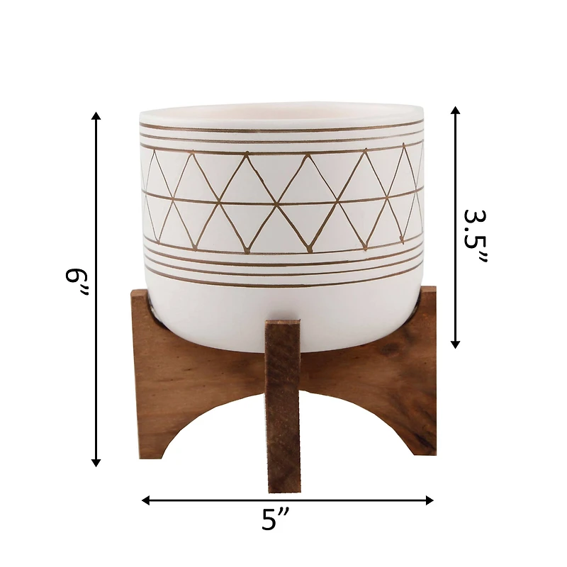 Flora Bunda 5" White Gold Geo Planter With Wood Stand