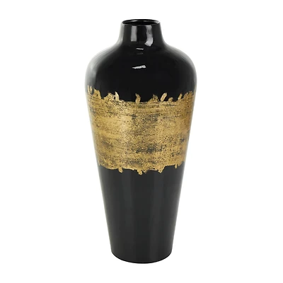 16" Black Metal Abstract Vase with Gold Detailing