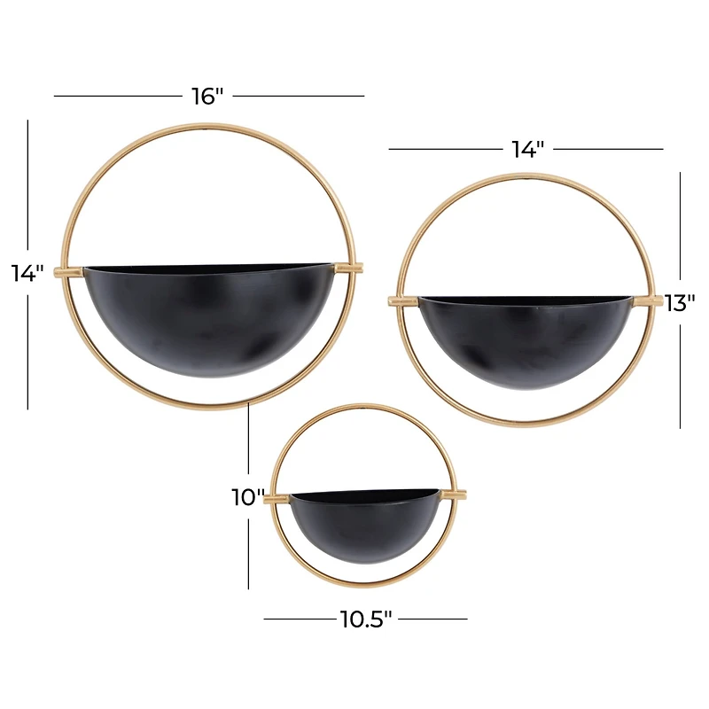 Set of 3 Black Iron Contemporary Planters, 15" x 14" x 5"