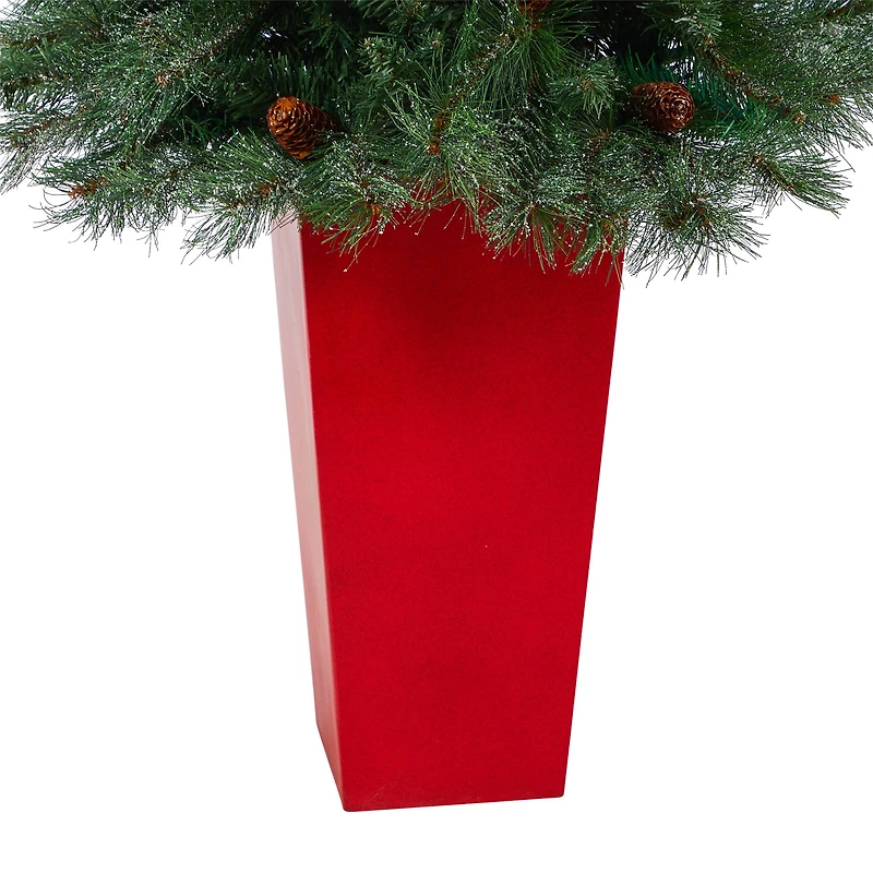 55" Unlit Snowed French Alps Mountain Pine Artificial Christmas Tree In Red Tower Planter