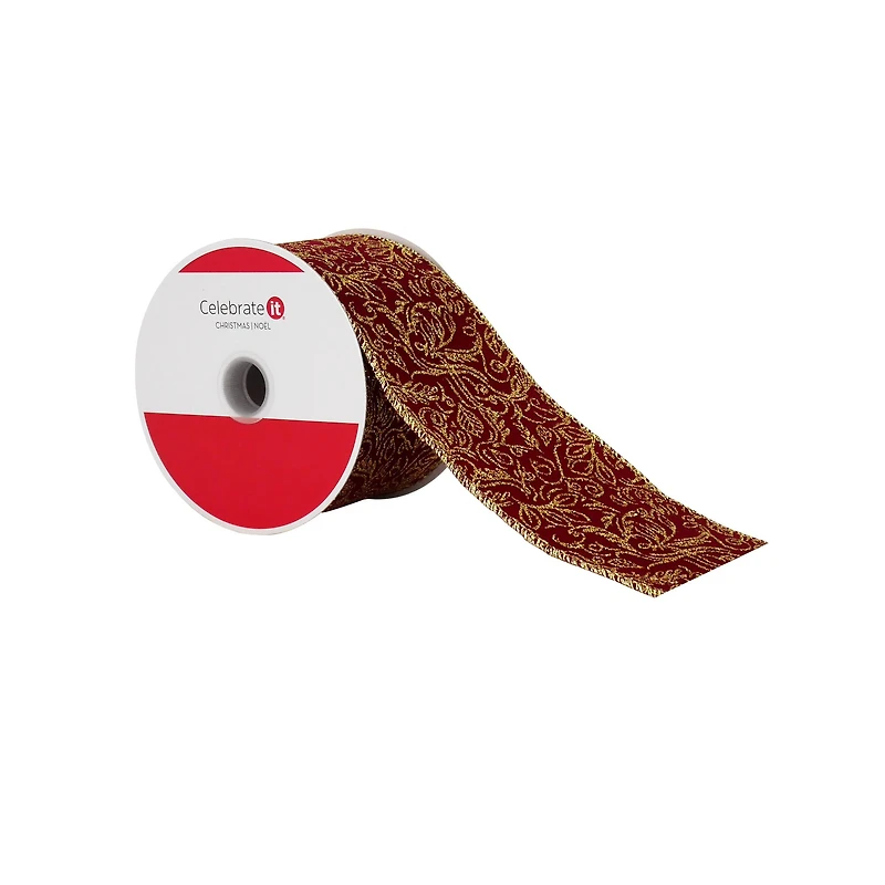 2.5" x 20ft. Burgundy & Gold Scroll Wired Ribbon by Celebrate It®