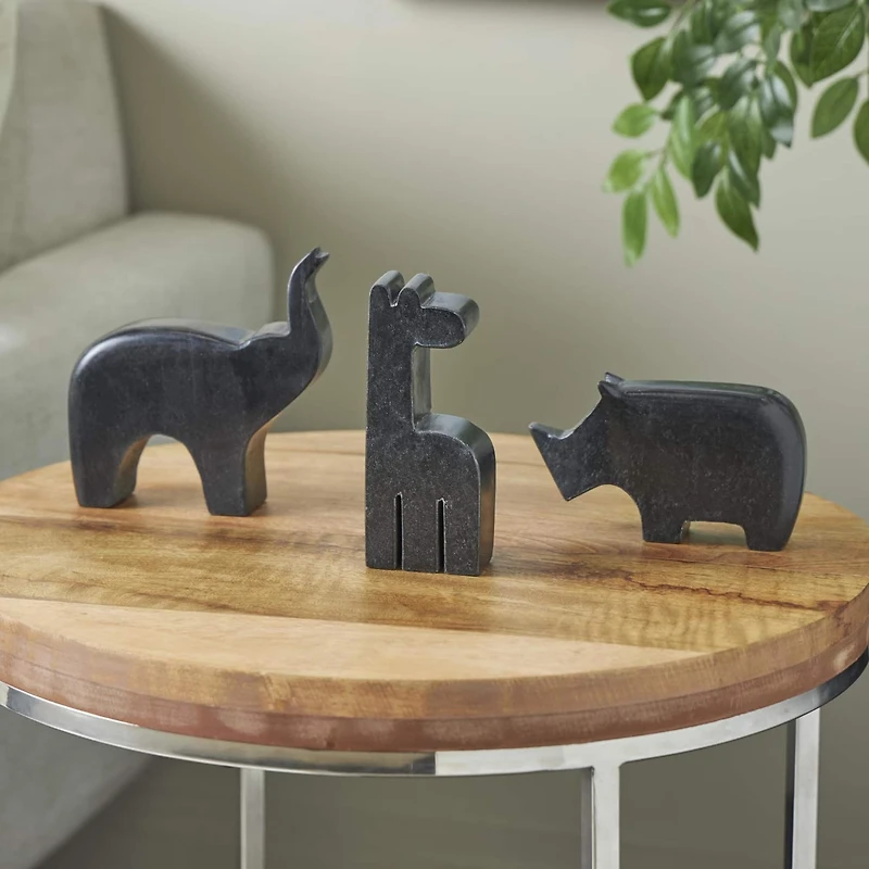 Black Abstract Marble Safari Animals Sculpture Set