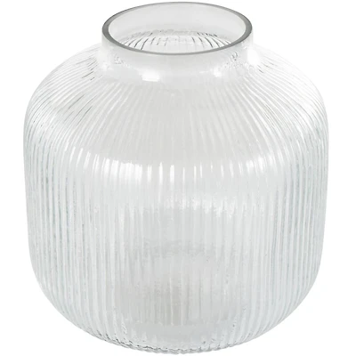 11" Clear Glass Short Round Ribbed Decorative Vase