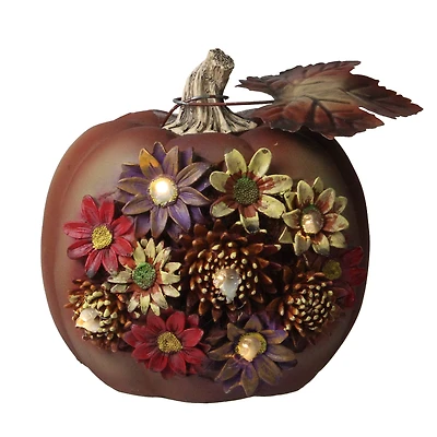 7.5" Brown Solar Powered Floral Pumpkin Outdoor Decoration