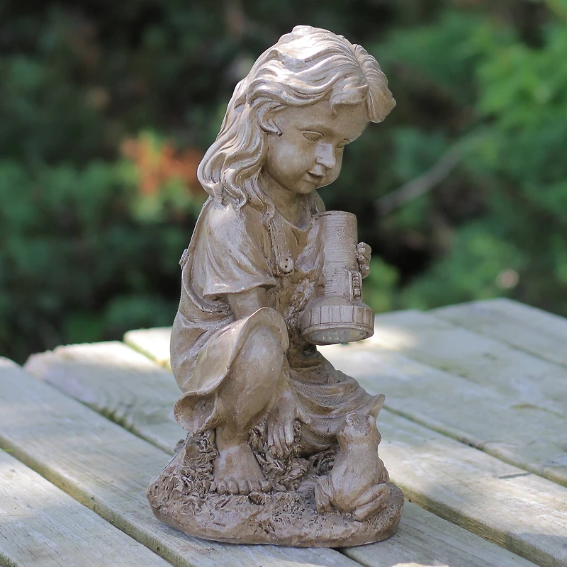 12.25" Brown Girl with Frog Solar Powered LED Lit Outdoor Garden Statue
