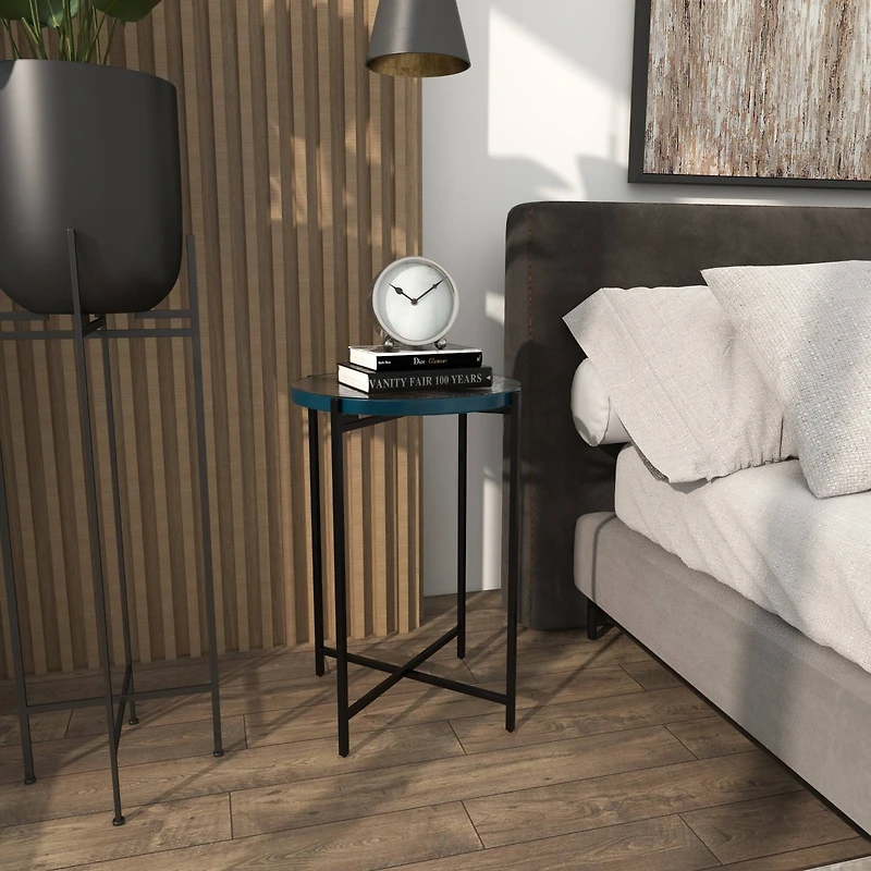 24" Metal X-Shaped Accent Table with Textured Glass Tabletop