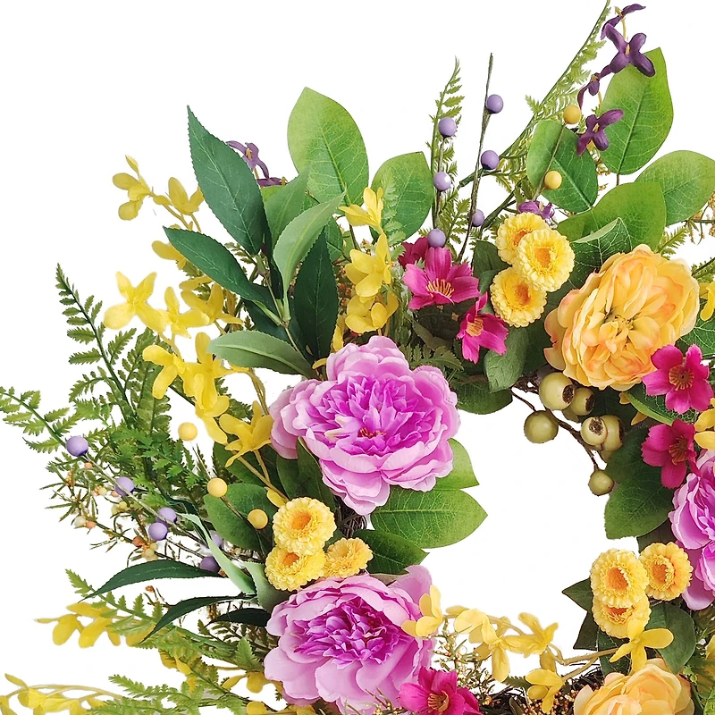 24" Pink, Orange & Yellow Spring Peony & Winter Jasmine Floral Wreath