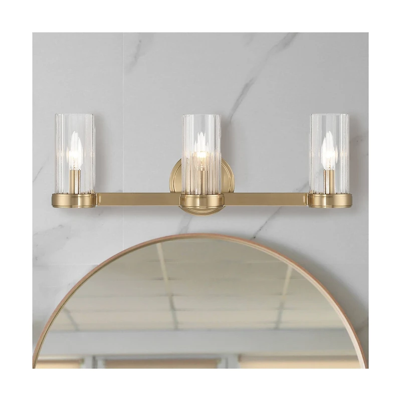 Hello Honey® Izzy Brushed Gold Metal & Clear Ribbed Glass 3-Light Vanity Light