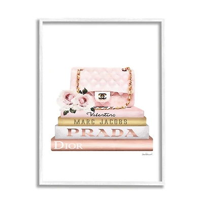 Stupell Industries Pink Purse Gold Bookstack Glam Fashion Watercolor Design Framed Wall Art