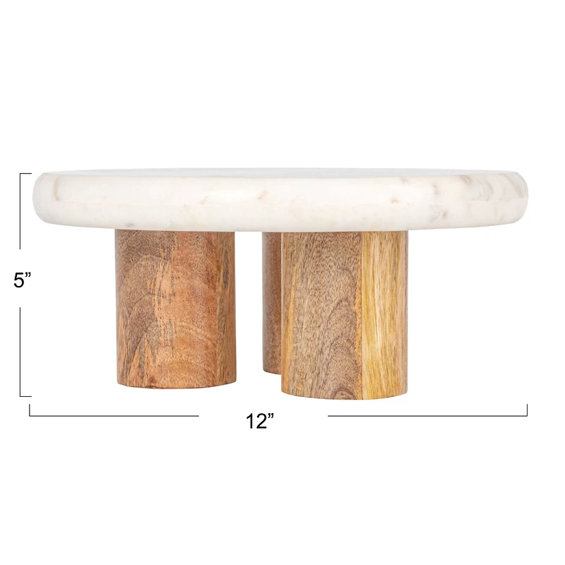 Hello Honey® 15" White Round Elevated Marble & Wood Food Pedestal