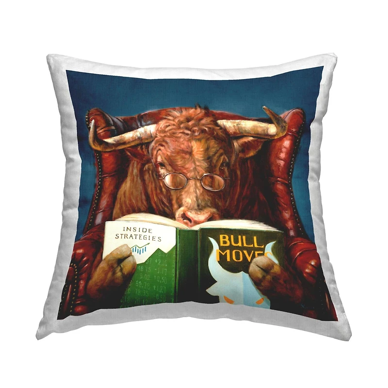 Stupell Industries Reading Longhorn Bull Red Sofa Animal Farm Literature Throw Pillow 18" x 18"