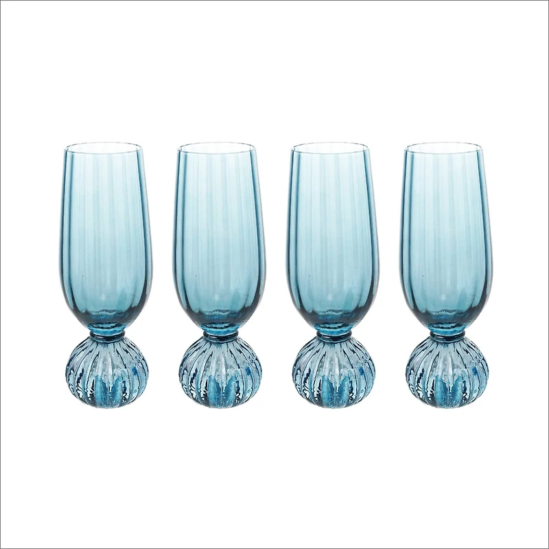Hello Honey 8-Ounce Pleated Footed Champagne Glass, Blue, Set of 4