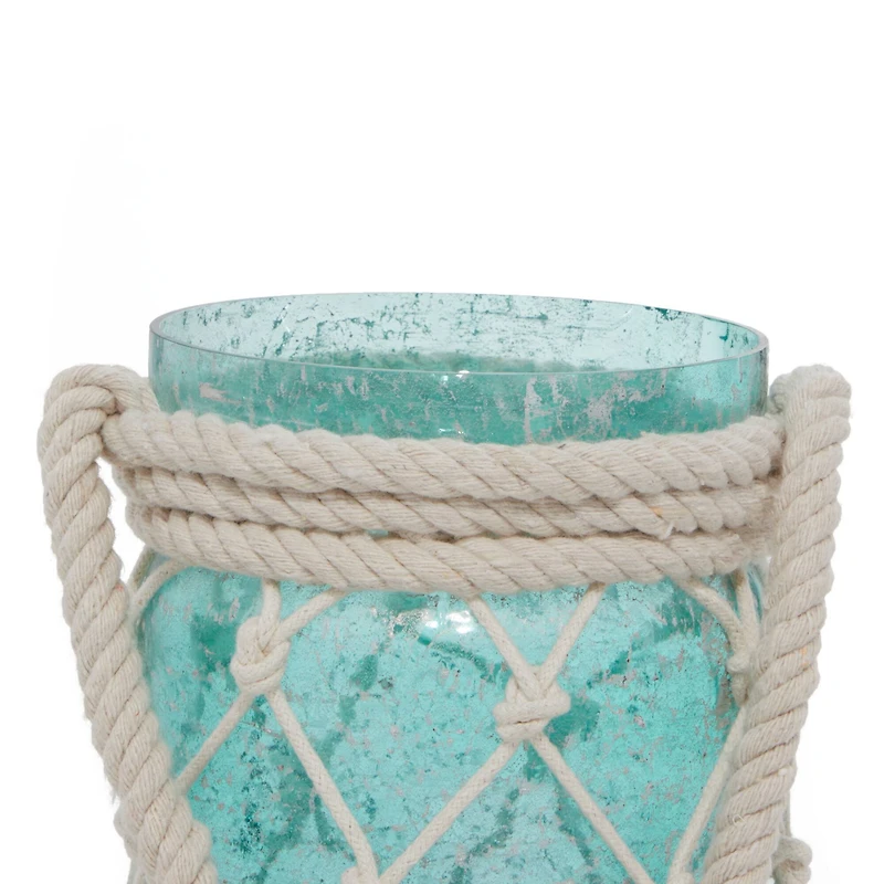 Aquamarine Glass Coastal Candle Holder Lantern, 16" x 5" x 5"