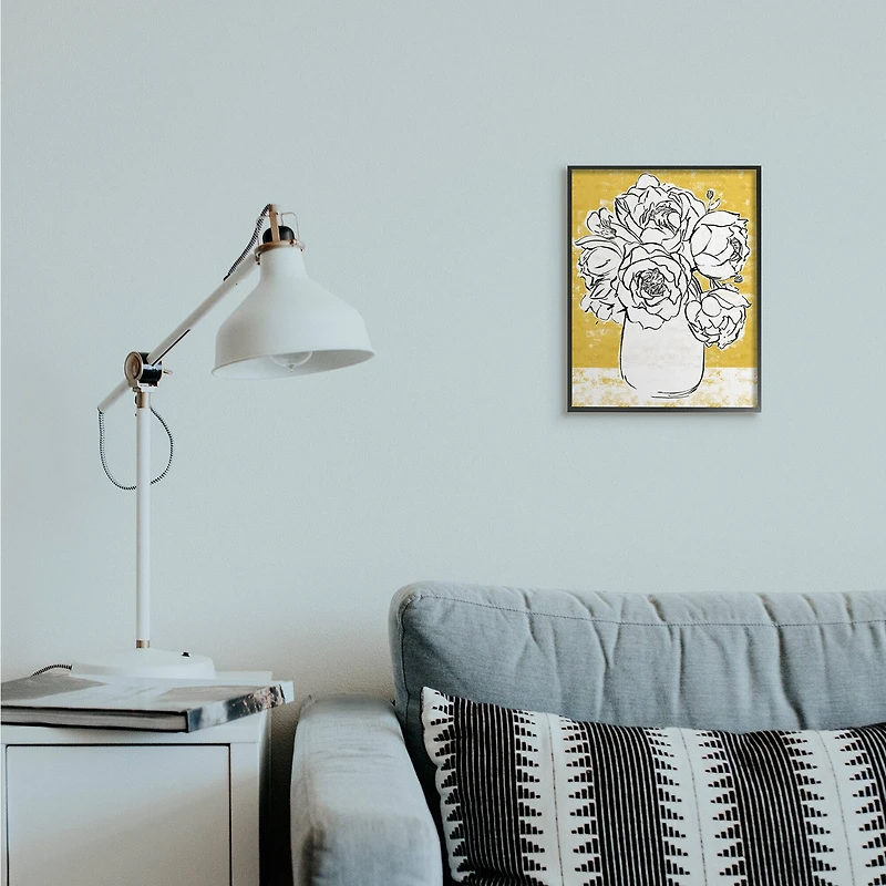 Stupell Industries Peony Sketch Bouquet Contrasted Distressed Yellow Framed Wall Art