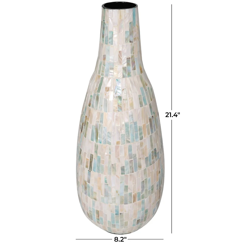 21" White Mother of Pearl Handmade Mosaic Inspired Vase with Pastel Blue and Pink Accents
