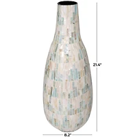 21" White Mother of Pearl Handmade Mosaic Inspired Vase with Pastel Blue and Pink Accents