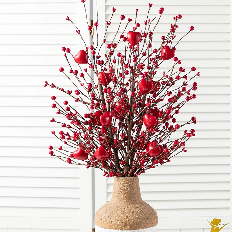 Glitzhome® 28" Valentine's Red Berry &Heart Picks Set