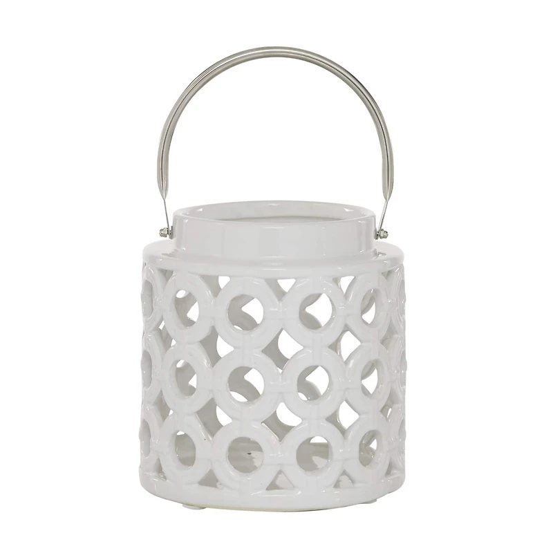 White Ceramic Contemporary Candle Holder Lantern, 8" x 8" x 9"