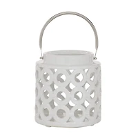 White Ceramic Contemporary Candle Holder Lantern, 8" x 8" x 9"